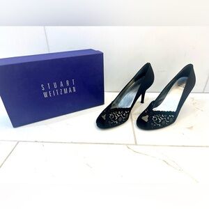 Stuart Weitzman Chantilly Lace Peep Toe Black Heels